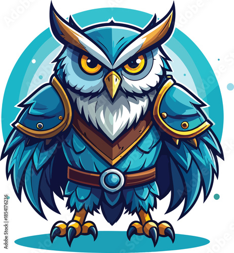 A cartoon blue owl wearing armor and a belt, standing in front of a blue circle on a white background. Perfect for gaming, esport logos, and digital icons.