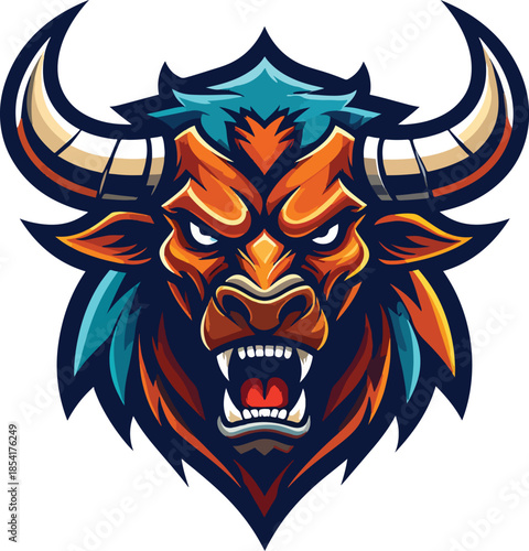 A vibrant digital illustration of a fierce bull's head with horns, showcasing a single logo esport design in bold orange, blue, and black colors on a white background. Perfect for gaming,
