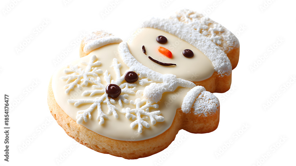 Obraz premium A cute festive snowman toy with a red hat and scarf is isolated on a white background for a happy winter holiday Christmas celebration