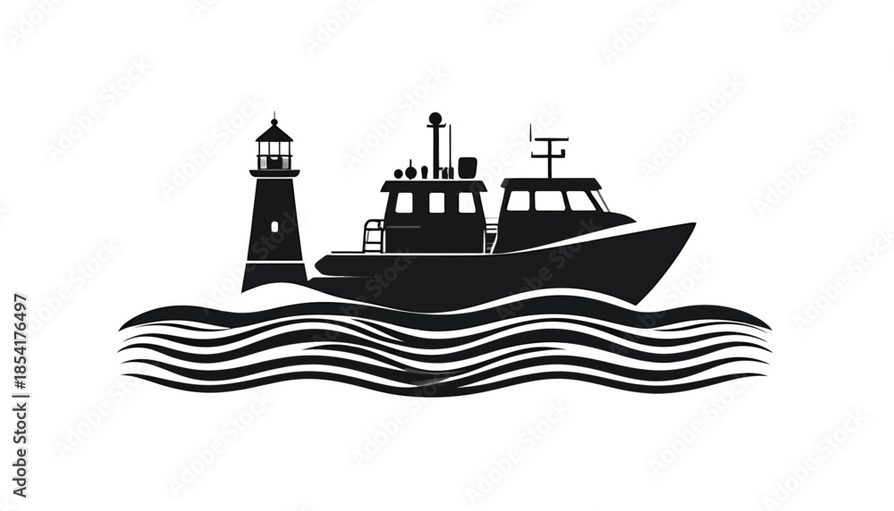 Fototapeta premium Silhouette of a fishing boat and lighthouse on the water.