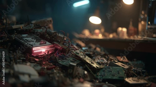 Disorganized electronic waste with circuit boards and glowing lights  