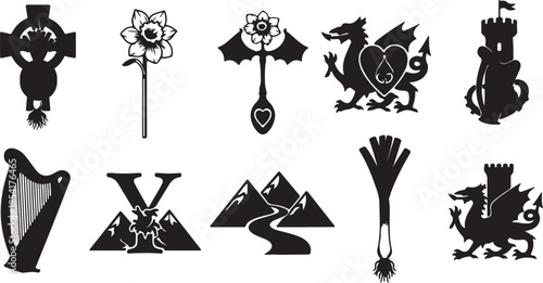 Eight medieval symbols isolated on transparent background