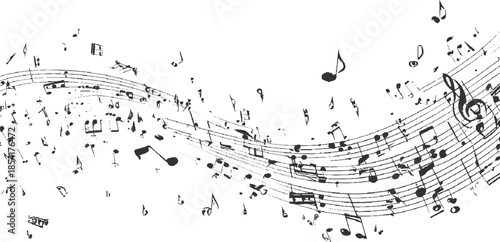 Black musical notes and staves scattered across a white background with a wavy pattern sheet