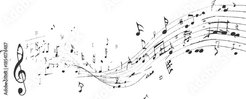 Black musical notes and staff lines flowing in a wavy pattern on a white background treble clef