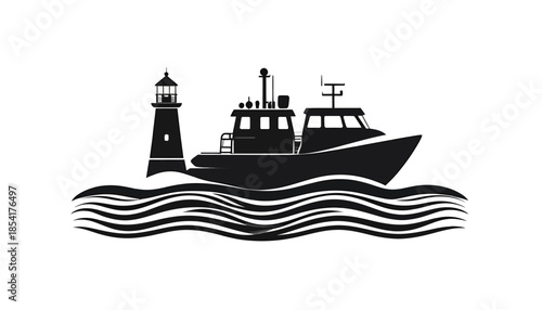 Silhouette of a fishing boat and lighthouse on the water.