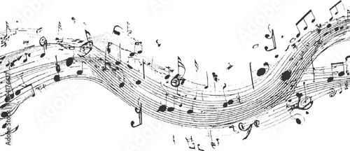 Black and white musical notes and staves flowing in a wavy pattern sheet score