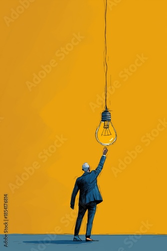 Businessman holding light bulb representing creative idea. Businessman reaching for a glowing light bulb, symbolizing new ideas and innovation