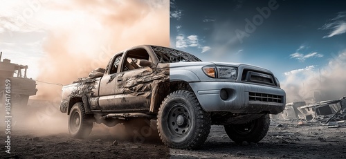 War and peace concept with split pickup truck. Pickup truck split showing destroyed half in war zone and intact half in clear environment