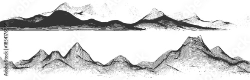 Two dark grey abstract mountain range landscapes rendered in line and dot patterns background black contour