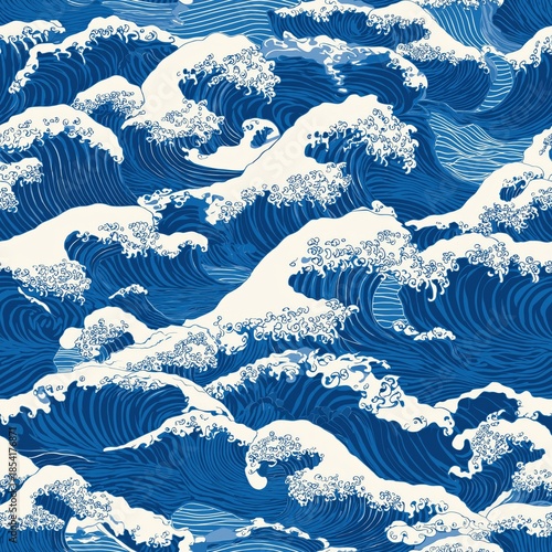 Japanese woodblock inspired ocean wave seamless pattern. Ocean waves creating a repeating Asian style graphic seamless pattern