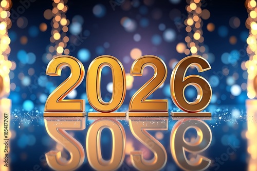 2026 New Year celebration with golden 3D numbers, festive lights and bokeh background, luxury holiday greeting concept with reflections
