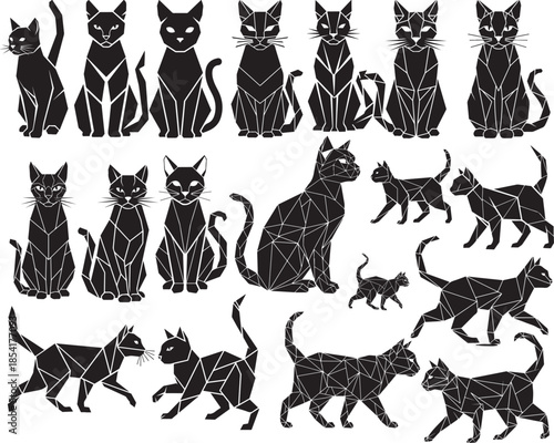 Geometric Polygon Black Cat Silhouette Vector Icon – Sharp Angles, Modern Tech Style, Symmetrical Flat Solid Black Digital Marketing Design (Scalable, Print-Safe, Isolated on White)