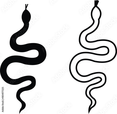 Black snake icon set in flat and line style, serpent silhouette and outline collection featuring coiled, crawling and abstract snake shapes, minimal monochrome vector graphic group