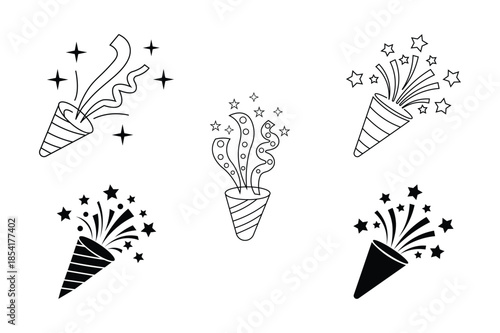 confetti popper icons set line and solid vector illustration