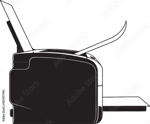 Black and white silhouette of a modern office printer scanner copier machine with paper tray extended and document feeder open also transparent background