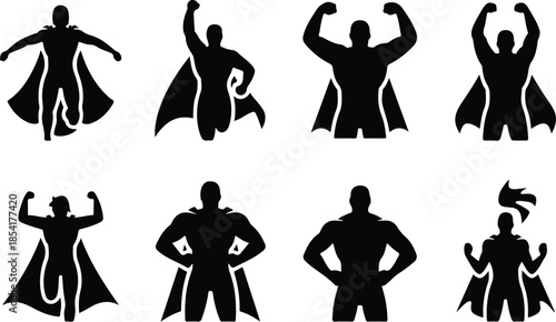Faceless Superhero Icon Set Dynamic Triumphant Cartoon Hero Icons – Top Collection