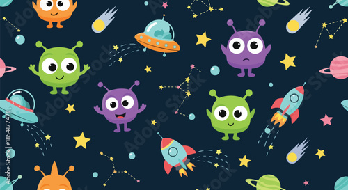 Whimsical cartoon aliens and spaceships explore a starry galaxy with planets and constellations in this fun cosmic pattern.