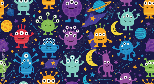 Whimsical cartoon monsters and celestial bodies create a playful and imaginative cosmic background pattern.