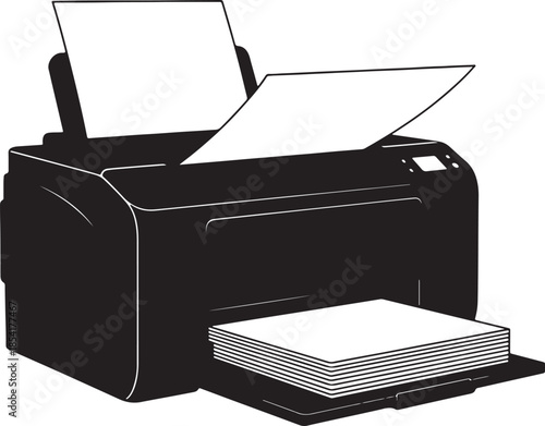 Black silhouette of a modern office printer with paper being fed and stacked, representing printing and office technology also transparent background