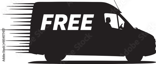 Black silhouette of a speeding delivery van with the word FRE in large white letters on its side indicating fast and complimentary shipping also transparent background