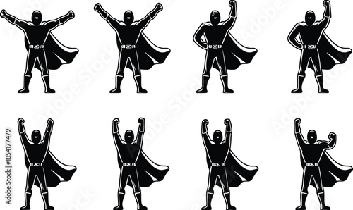 Faceless Superhero Icon Set Dynamic Triumphant Cartoon Hero Icons – Top Collection