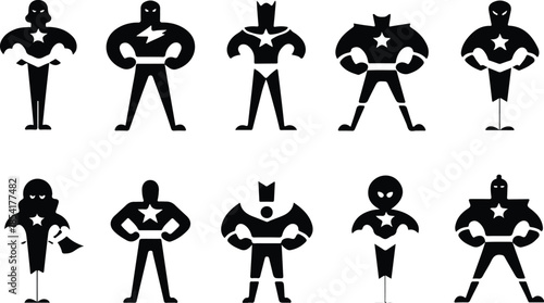 Faceless Superhero Icon Set Dynamic Triumphant Cartoon Hero Icons – Top Collection