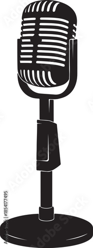 Black silhouette of a vintage retro microphone on a stand, evoking a sense of classic broadcasting, music performance, and audio recording history also transparent background