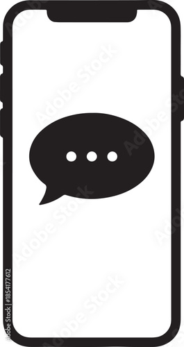 Modern black silhouette of a smartphone displaying a speech bubble with three dots indicating messaging and communication also transparent background