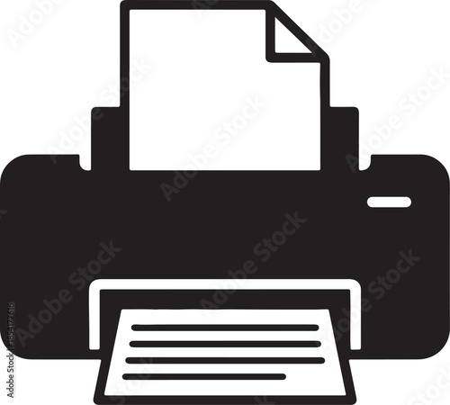 Modern printer silhouette with paper in the input and output trays, representing printing, documents, and office technology in a clean style also transparent background