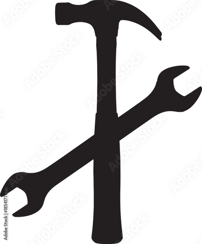 Silhouette of a hammer and a wrench crossed over each other, representing repair, construction, and mechanical work also transparent background