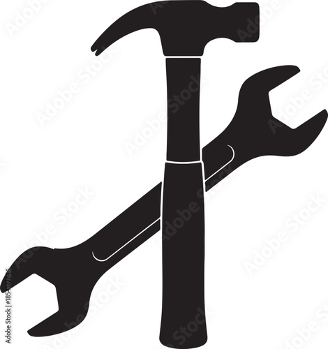 Silhouette of a hammer and a wrench crossed over each other, symbolizing repair, construction, and mechanical work also transparent background