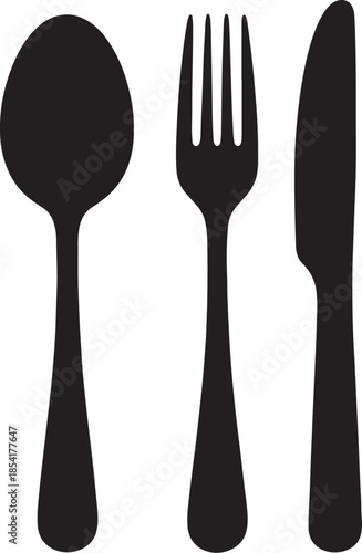 Set of black silhouette cutlery including a spoon, fork, and knife, representing dining, food, and meal preparation with a minimalist style also transparent background