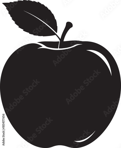 Simple black silhouette of a ripe apple with a single green leaf attached to its stem, representing healthy food, nutrition, and natural produce also transparent background