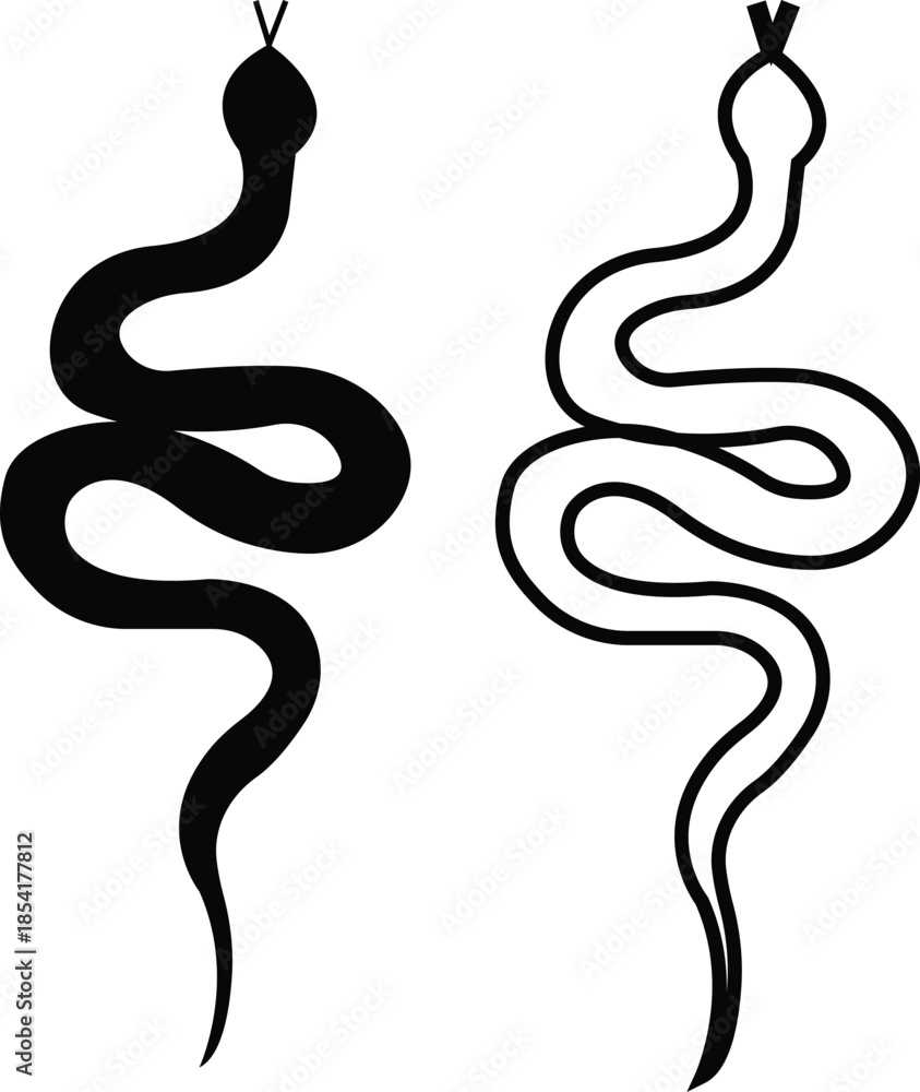 Fototapeta premium Black snake icon set in flat and line style, serpent silhouette and outline collection featuring coiled, crawling and abstract snake shapes, minimal monochrome vector graphic group