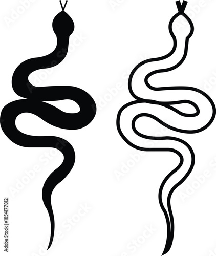 Black snake icon set in flat and line style, serpent silhouette and outline collection featuring coiled, crawling and abstract snake shapes, minimal monochrome vector graphic group