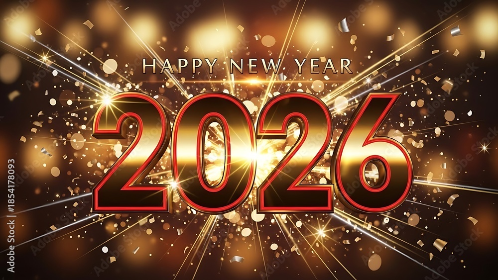 Naklejka premium Happy new year 2026 with golden shimmer, confetti, and bright festive lights background