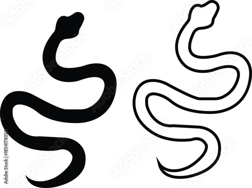 Black snake icon set in flat and line style, serpent silhouette and outline collection featuring coiled, crawling and abstract snake shapes, minimal monochrome vector graphic group