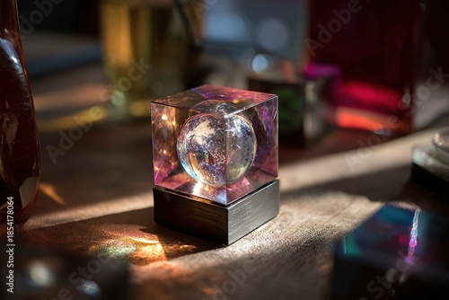small cube gadget emitting a rotating holographic globe