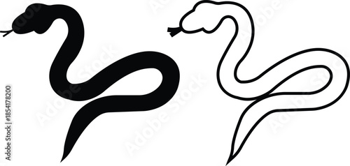 Black snake icon set in flat and line style, serpent silhouette and outline collection featuring coiled, crawling and abstract snake shapes, minimal monochrome vector graphic group