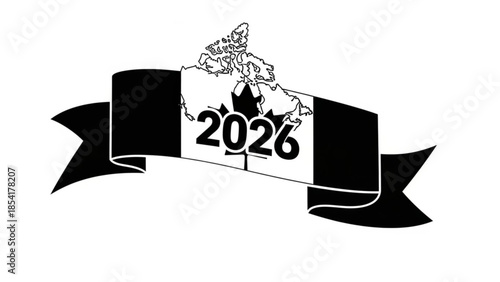 Black ribbon banner with canada map and 2026 text