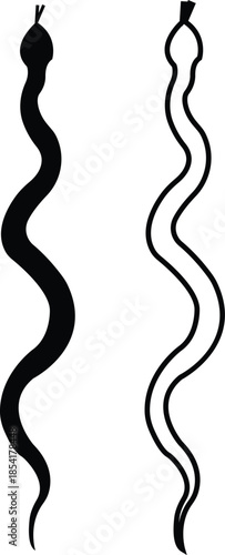 Black snake icon set in flat and line style, serpent silhouette and outline collection featuring coiled, crawling and abstract snake shapes, minimal monochrome vector graphic group