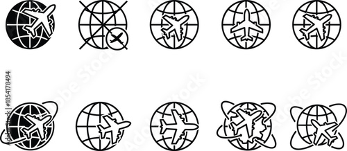 Set of black linear icons featuring airplanes flying around globes representing international travel global logistics flight routes and worldwide aviation.