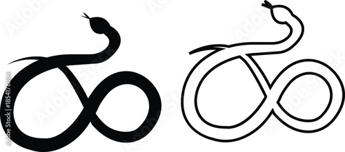 Black snake icon set in flat and line style, serpent silhouette and outline collection featuring coiled, crawling and abstract snake shapes, minimal monochrome vector graphic group