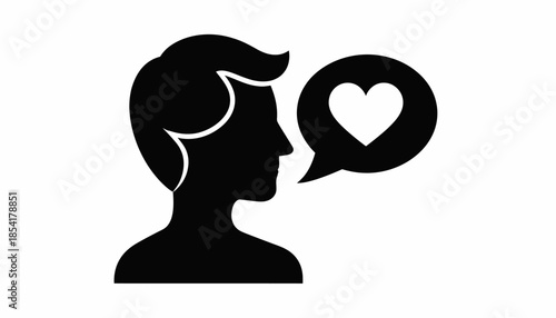 Silhouette of a man with a heart in a speech bubble, representing love and affection.