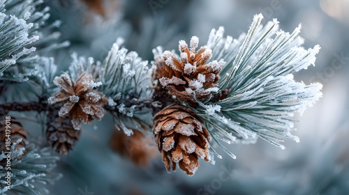 Mesmerizing close-up of a frost-kissed pine branch with scattered pinecones, evoking pristine winter artistry and natural elegance
