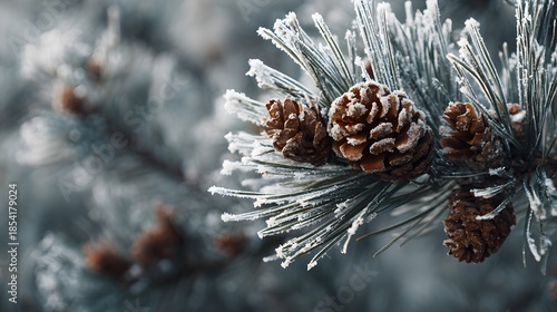 Mesmerizing close-up of a frost-kissed pine branch with scattered pinecones, evoking pristine winter artistry and natural elegance