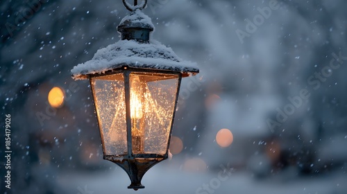 An Enchanting Antique Lantern Emitting a Gentle Frosted Glow in a Mystical Winter Twilight of Snowfall and Icy Whispers