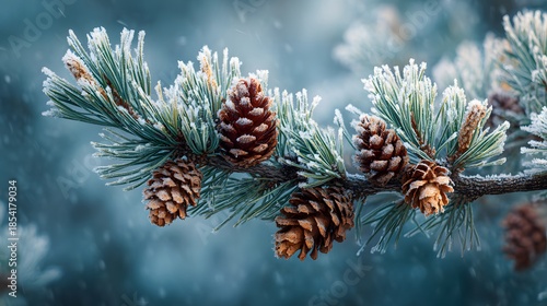 Ultra-detailed macro photography of a frost-covered pine branch with glistening pinecones, emphasizing natural textures and the serene quietude of winter nature
