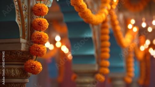 Intricate Setup of Hanging Marigold Garlands Highlighting an Indian Cultural Festival Celebration with Elaborate Decorative Details
