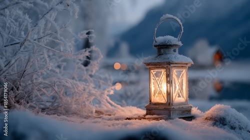 A Classic Vintage Lantern Illuminating a Frosty Winter Scene with Soft Warmth and Timeless Nostalgia Amidst a Quiet Landscape